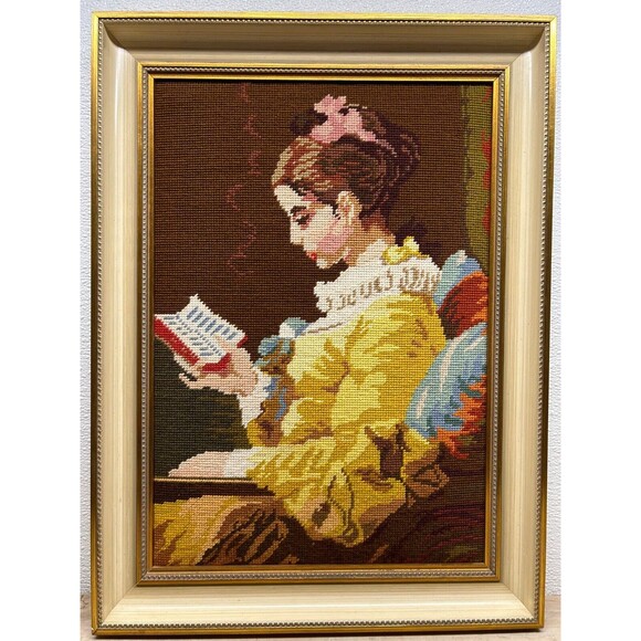 Vtg Young Girl Reading La Liseuse Needle Point Hand Madde Embroidery Gobelin
